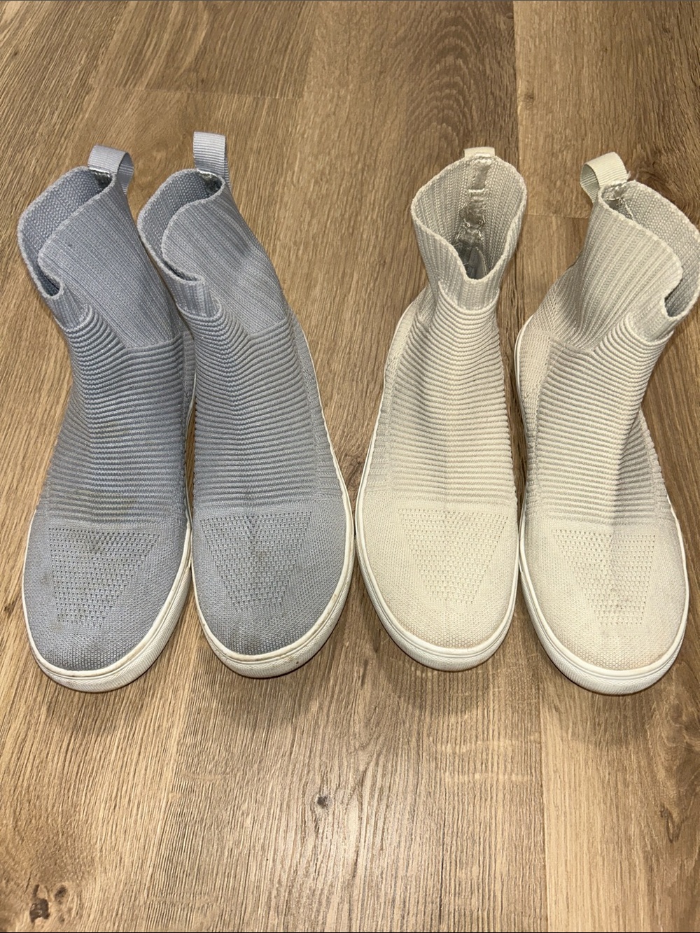Pair of Slip-On Knit Sock Sneakers in Light Gray and Cream